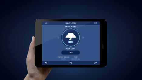 Hotel,-Haus-Bett-Zimmer-Licht-auf-aus-Energieeinsparung-Effizienz,-Touch-Steuerung-im-smart-Pad-tablet-Anwendung,-Internet-der-Dinge.