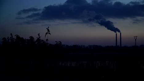 The-smoky-plant-on-the-background-of-the-river-and-the-setting-sun