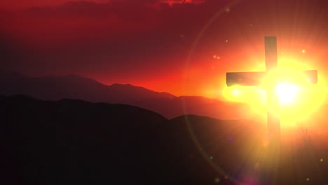 Das-Licht-des-Christus-altes-Holzkreuz-auf-die-Wüste-im-malerischen-Sonnenuntergang.-Christliches-Kreuz-Sonnenuntergang-Hintergrundanimation