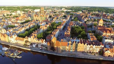 Aerial-Gdansk-Old-Town-Skyline-With-Basilica-City-Hall-And-Town-Houses