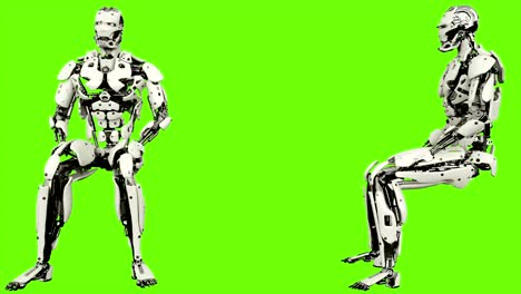 Robot-android-es-reacciona-emocionalmente-y-agita-el-puño.-Movimiento-lazo-realista-en-pantalla-verde-de-fondo.-4K