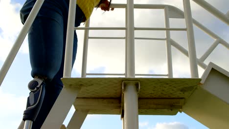 Low-angle-view-of-disabled-woman-climbing-ladder-in-the-park-4k