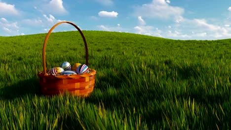 Easter-basket-with-colorful-dyed-eggs-among-green-grass-3D-animation