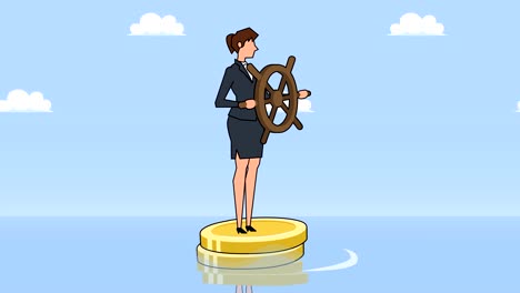 Flat-cartoon-businesswoman-character-with-helm-wheel-floating-on-dollar-coins-businesss-control-concept-animation