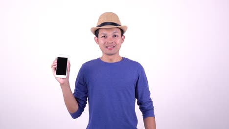 Asian-Thai-tourist-using-smart-phone-for-shopping-on-line-on-white-background