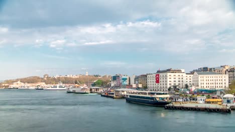 Tourist-ship-and-ferris-traffic-on-Bosphorus-timelapse-view-from-Galata-Bridge-in-Istanbul,-Turkey