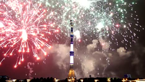 Fireworks-over-the-Television-(Ostankino)-tower,-Moscow,-Russia