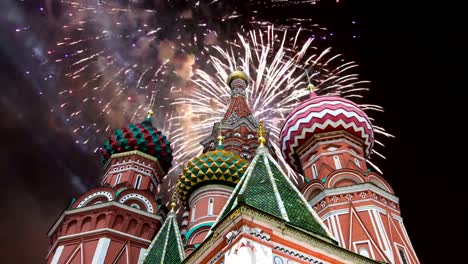 Cathedral-of-Intercession-of-Most-Holy-Theotokos-on-the-Moat-(-Temple-of-Basil-the-Blessed)-and-fireworks,--Red-Square,-Moscow,-Russia