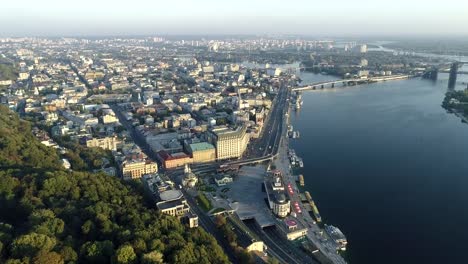 Bird's-eye-view-of-Podil,-the-historical-district-of-Kyiv,-Ukraine.-Morning-light