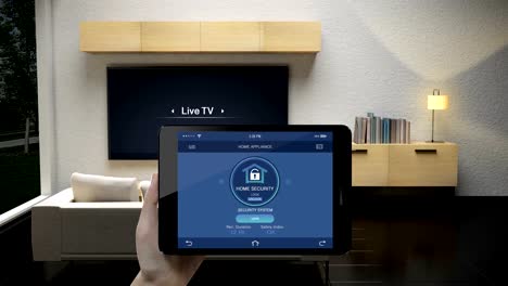 Berühren-IoT-smart-Pad,-Tablet-Anwendung-zu-Hause-Sicherheitskontrolle-in-Wohnzimmer,-intelligente-Haushaltsgeräte,-Internet-der-Dinge.-4-k-Film.