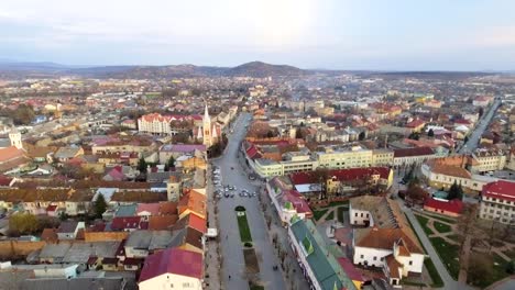 Aerial-view-St.-Martin-of-Tours-Cathedral,-Mukacheve.-Mukacheve-Cathedral-is-religious-building-of-Catholic-Church-located-in-the-city-of-Mukacheve.-Ukraine.-Eastern-Europe