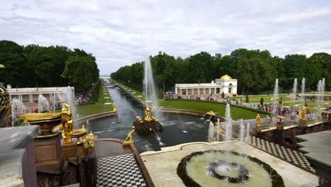 Tiro-de-seguimiento-que-muestra-Jarrón-en-el-parque-del-Gran-Palacio-Peterhof,-San-Petersburgo,-Rusia