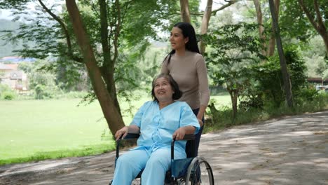 Mujer-mayor-con-su-hija-empujando-la-silla-de-ruedas-por-el-Parque