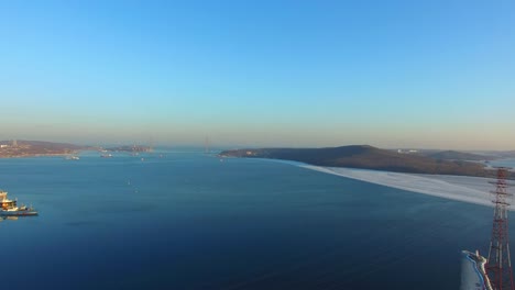 Aerial-view-of-the-sea-landscape-on-the-background-of-the-Russian-bridge.