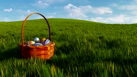 Basket-with-dyed-colorful-easter-eggs-among-green-grass