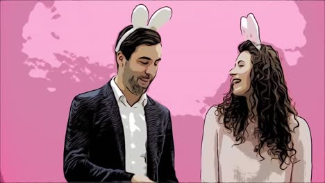 Young-couple-standing-standing-on-pink-background.-With-bunny-ears-on-the-head.-During-this-man-gives-his-wife-a-basket-of-colored-eggs.-Easter-Concept.-Easter.-Animation.