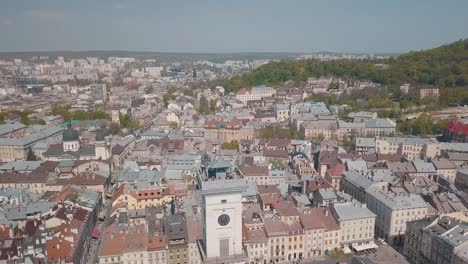 Aerial-City-Lviv,-Ukraine.-European-City.-Popular-areas-of-the-city.-Dominican