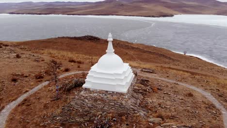 Aerial-view-of-Buddhist-monument-on-Ogoy-island-of-lake-Baikal.