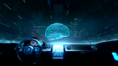 Inside-of-Future-hybrid-cars,-Rotating-digital-brain,-artificial-intelligence.