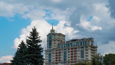 Timelapse,-clouds-swirling-over-Moscow-skyscraper