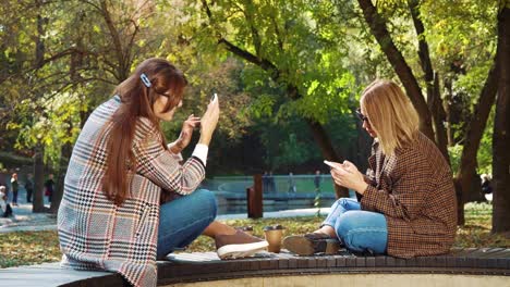 Stilvolle-Mädchen-sitzen-von-Angesicht-zu-Angesicht-und-mit-Smartphones-im-Herbstpark