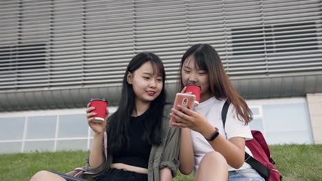 Attractive-portrait-of-two-pleasant-cheery-asian-brunettes-which-sitting-on-grass-and-using-their-phones,drinking-coffee-on-the-modern-building-background