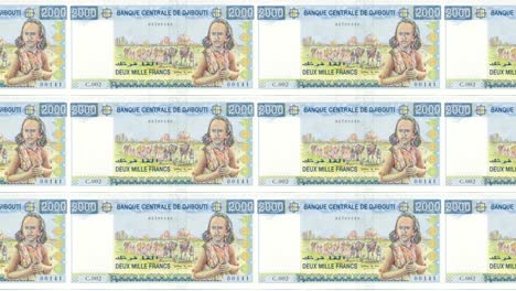 Banknoten-von-zweitausend-Franken-von-Dschibuti-Rollen,-Bargeld,-Schleife