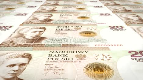 Banknotes-of-twenty-polish-zlotys-of-Poland-rolling,-cash-money,-loop