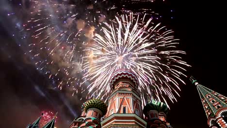 Cathedral-of-Intercession-of-Most-Holy-Theotokos-on-the-Moat-(-Temple-of-Basil-the-Blessed)-and-fireworks,--Red-Square,-Moscow,-Russia