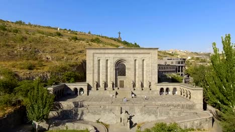 Beautiful-aerial-view-of-Mesrop-Mashtots-institute-of-ancient-manuscripts,-tour