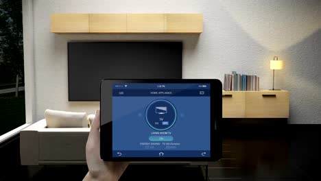 Berührende-IoT-smart-Pad,-Tablet-Anwendung-aktivieren-und-Deaktivieren-der-TV-Steuerung-im-Wohnzimmer,-intelligente-Haushaltsgeräte,-Internet-der-Dinge.-4-k-Film.