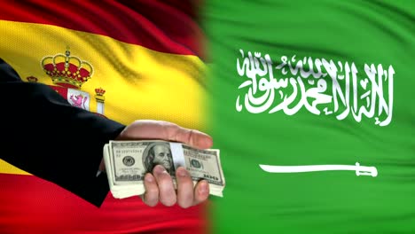 Spanien-und-Saudi-Arabien-Beamte-tauschen-Tank-gegen-Geld,-Flagge-Hintergrund