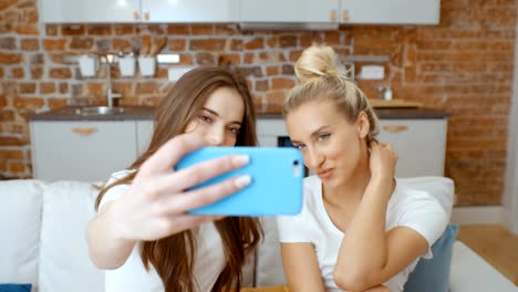 Zwei-junge-Mädchen-machen-Selfie-zu-Hause.