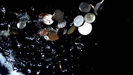 Coins-fall-in-water.-Slow-motion.