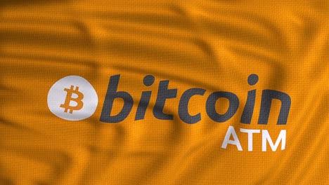 bitcoin-atm-orange-waving-flag,-logo-cash-machine-animated