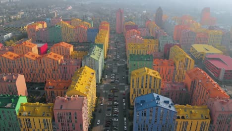 Residential-area-with-colorful-houses,-aerial-view