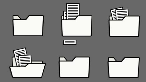 Different-animation-of-folder-icons-and-printed-pages,-loop-and-alpha-channel