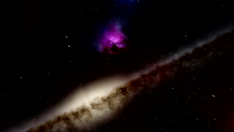 Animación-de-repasar-el-espacio-con-un-campo-de-estrellas,-una-galaxia-y-una-nebulosa-de-aspecto-de-monstruo