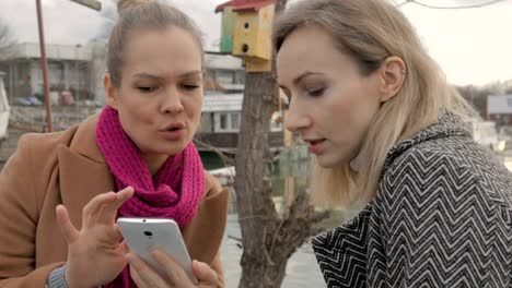 Zwei-Mädchen-Frau-Freunde-sprechen-und-Surfen-auf-Handy