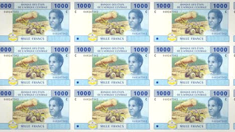 Banknotes-of-one-thousand-Central-African-CFA-francs-rolling,-cash-money,-loop