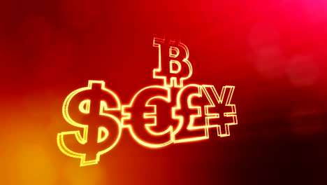 symbol-bitcoin-dollar-euro-pound-and-yen..-Financial-background-made-of-glow-particles-as-vitrtual-hologram.-3D-seamless-animation-with-depth-of-field,-bokeh-and-copy-space.-Red-color-v2