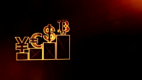 Sign-of-pound-dollar-yen-bitcoin-on-columns.-Financial-background-made-of-glow-particles-as-vitrtual-hologram.-Shiny-3D-loop-animation-with-depth-of-field,-bokeh-and-copy-space.-Dark-V4