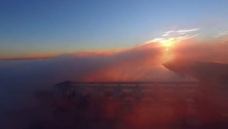 Sunrise-view-of-dam-at-Volga-river-near-the-town-of-Uglich,-Russia