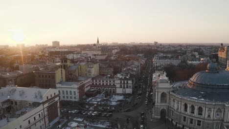 Aerial-view-on-Odessa-opera-and-ballet-theater-during-winter-time-at-sunset