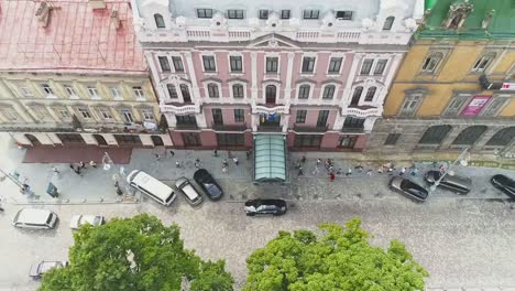 Aerial-View-Of-The-European-Embassy-In-Eastern-Europe.-Traffic-People-On-The-Road.