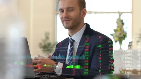 MS-of-businessman-trader-happiness-at-desk-with-laptop-and-virtual-stock-market-chart-in-lobby-space-office-background