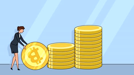 Flat-cartoon-businesswoman-character-roll-bitcoin-coin-money-concept-animation