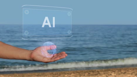 Männliche-Hände-am-Strand-halten-ein-konzeptionelles-Hologramm-mit-dem-Text-AI