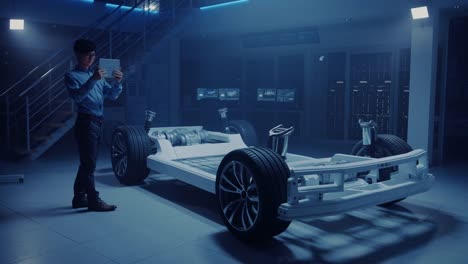 Automobil-Ingenieur-arbeitet-auf-Elektro-Auto-Chassis-Plattform,-mit-Tablet-Computer-Augmented-Reality-mit-3D-CAD-Software-Modellierung.-Innovative-Anlage:-Fahrzeugrahmen-mit-Rädern,-Motor,-Batterie