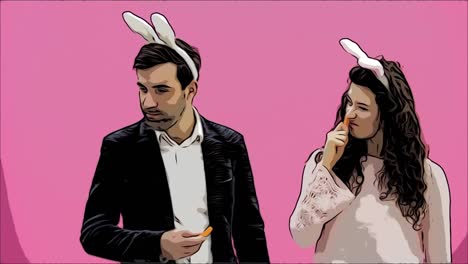 Young-couple-standing-standing-on-pink-background.-During-this,-they-carry-out-the-movement-of-rabbits.-The-woman-put-her-hands-on-his-neck,-choking.-After-this,-you-are-genuinely-laughing.